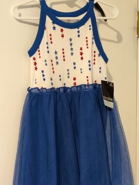 Okie Dokie Blue/Red Star Print Blue Tulle Lining Sleeveless Dress 3T